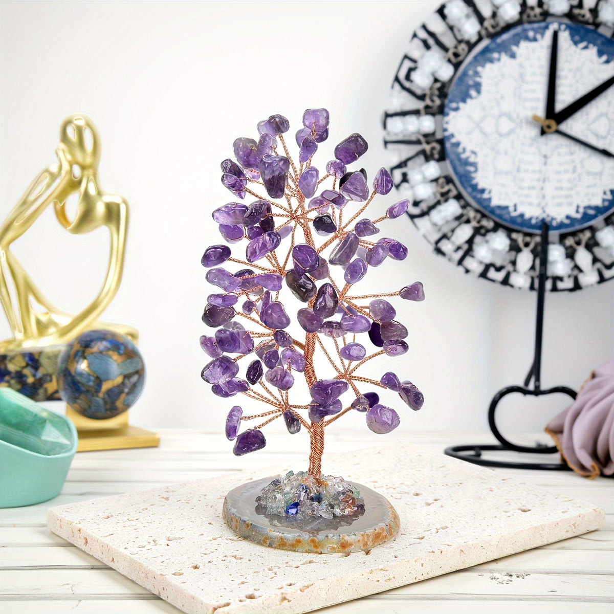 Natural Amethyst Tree of Life, Crystal Tree with Agate Base, Handmade Gemstone Tree Desktop Decoration, Lucky Money Tree Bonsai, Home Decoration, Spiritual and Mysterious Gift