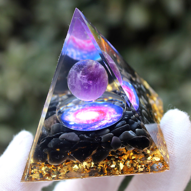 Resin Ornament with Amethyst Sphere & Crystal Chips Pyramid, Handmade Craft for Home Office Desktop Decor