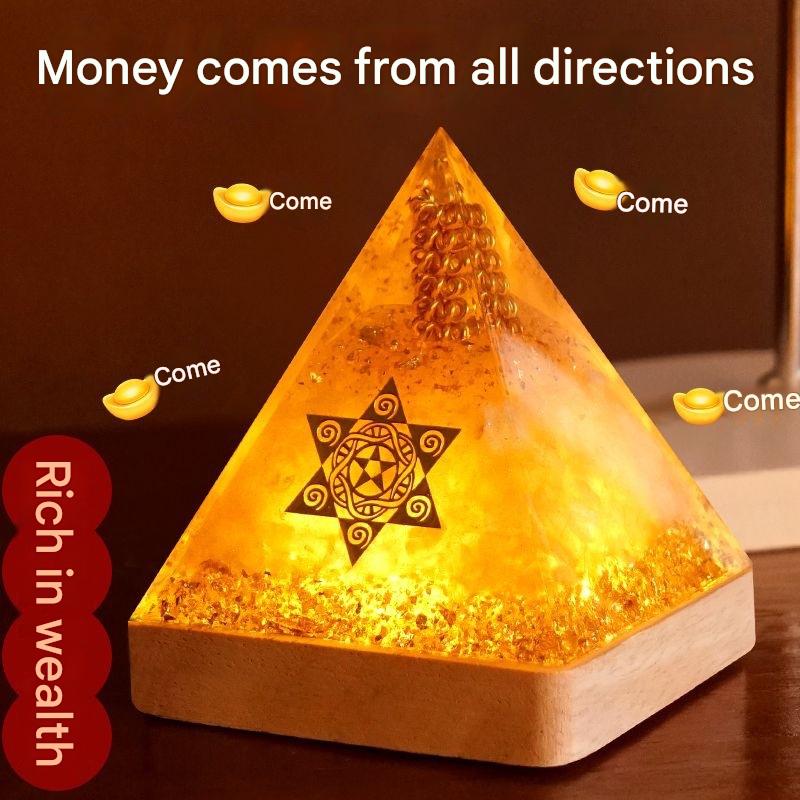 Yellow Crystal Wealth Pyramid Ornament, Energy Healing Feng Shui Decor for Home Office Shop, Attract Abundant Fortune Display