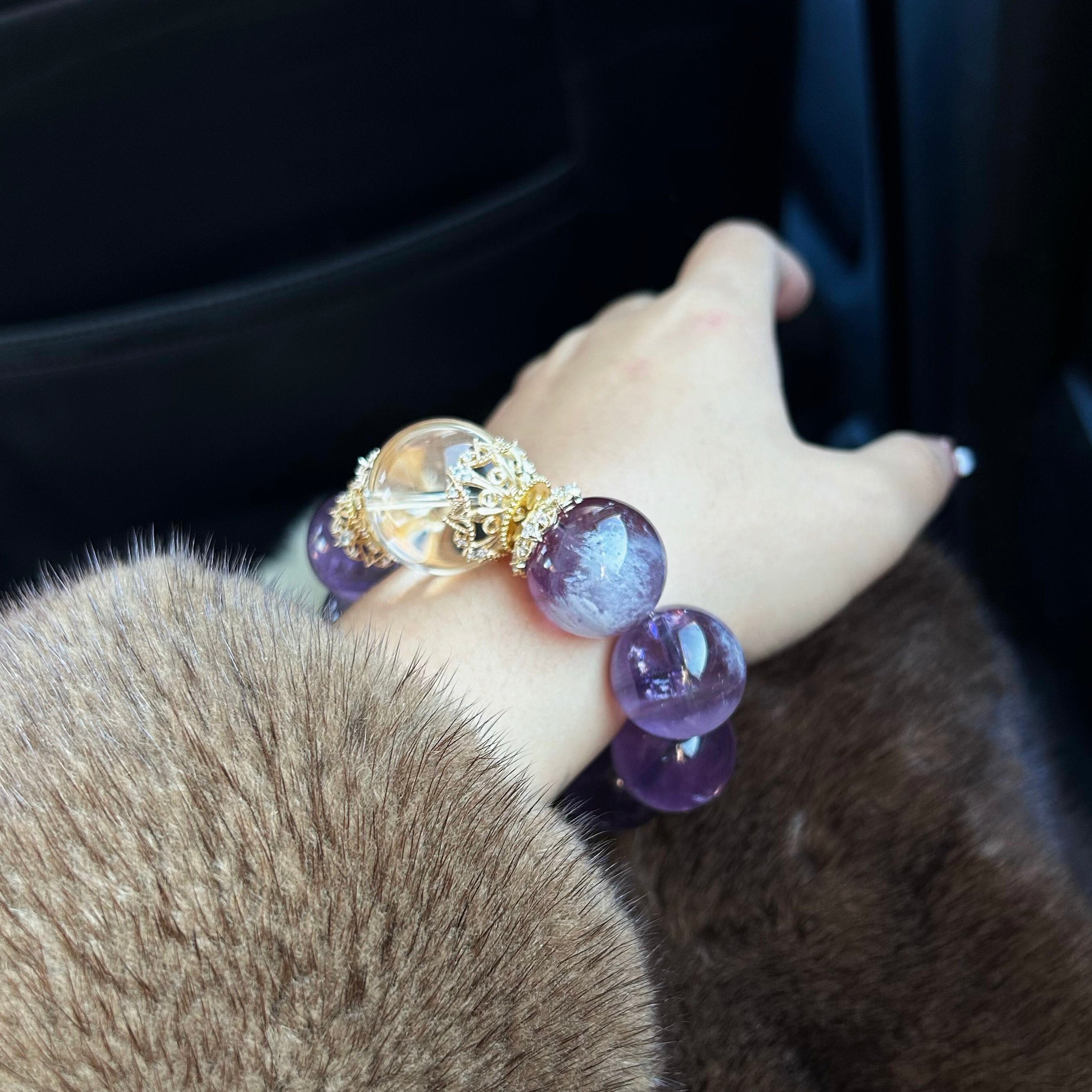 Natural Extra Large Dominant Purple Rabbit Hair Crystal Bracelet for Women, Original Design Nine Purple Li Fire Raw Stone Fortune-Turning Bracelet