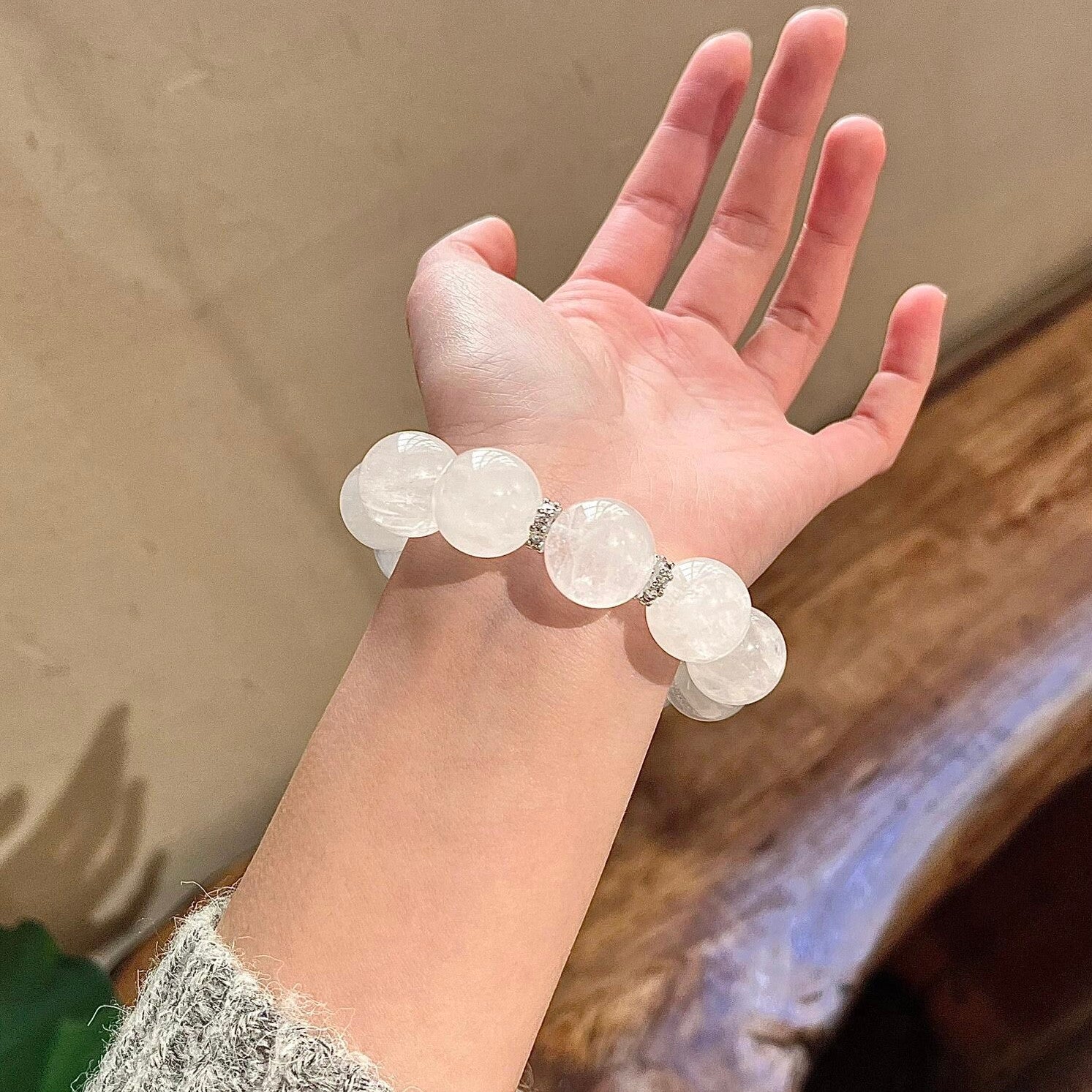 Natural Large Bead White Phantom Quartz Single Strand Bracelet for Women, Bold Chinese Style Green Strawberry Quartz Original Design