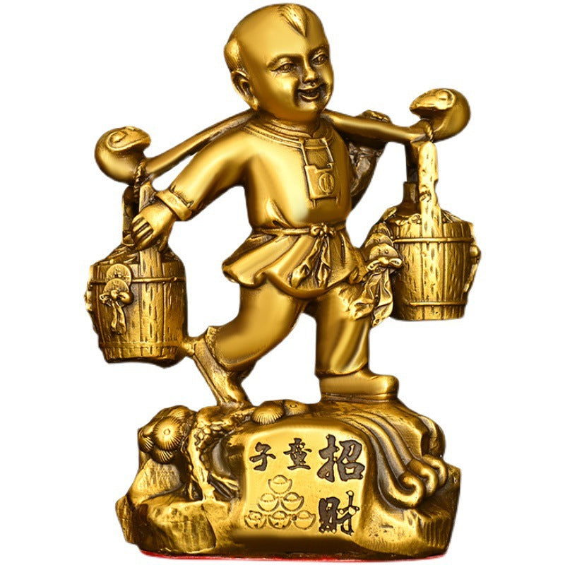 Pure Copper Wealth Bringing Boy Statue, Feng Shui Lucky God of Fortune Figurine, Craft Ornament for Home, Office Desktop & Shop Decor