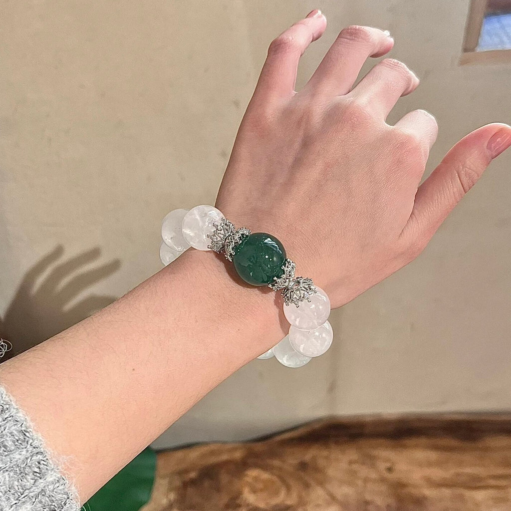 Natural Large Bead White Phantom Quartz Single Strand Bracelet for Women, Bold Chinese Style Green Strawberry Quartz Original Design