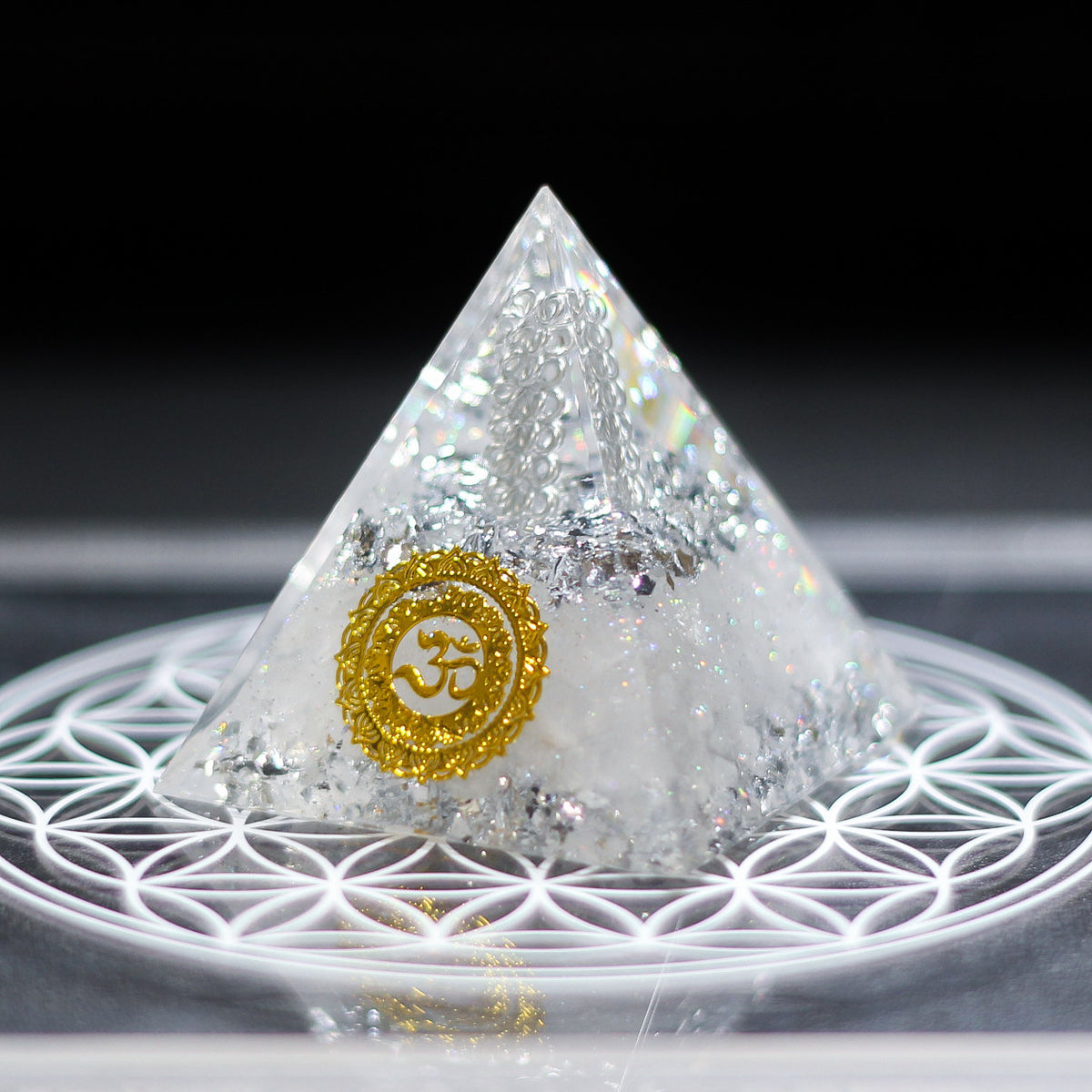 Handmade Resin Pyramid with Clear Quartz Sphere & Crystal Chips, Tabletop Home Decor Ornament