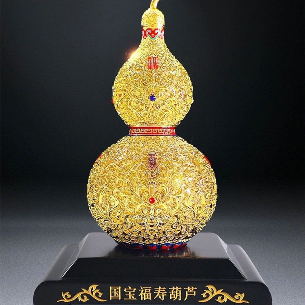 Gold Plated Filigree Gourd Ornament with Base, Blessing & Longevity Chinese Craft Statue, Premium Decor & Gift