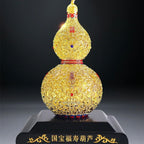 Gold Plated Filigree Gourd Ornament with Base, Blessing & Longevity Chinese Craft Statue, Premium Decor & Gift
