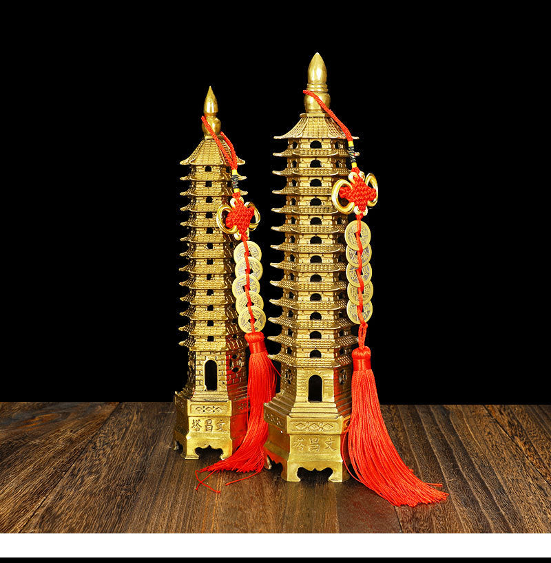 9/13 Layers Brass Wenchang Tower Statue, Feng Shui Pagoda Ornament, Study Desktop Decoration, Career & Academic Luck Home Office Decor