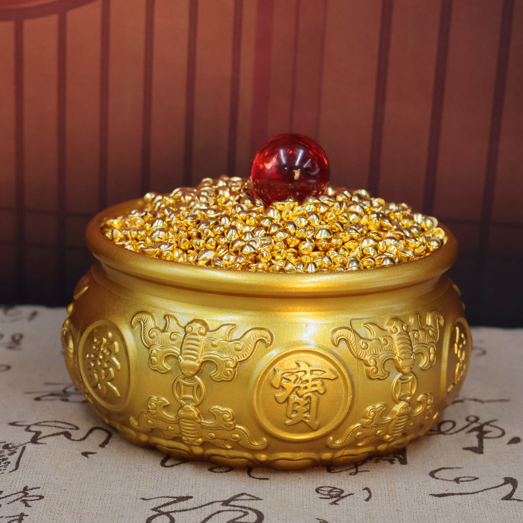 Brass Double Fish Treasure Basin Ornament, Eight Blessings Feng Shui Wealth Bowl with Gold Ingots, Entryway & Reception Desk Prosperity Decoration, Lucky Home Business Craft Gift
