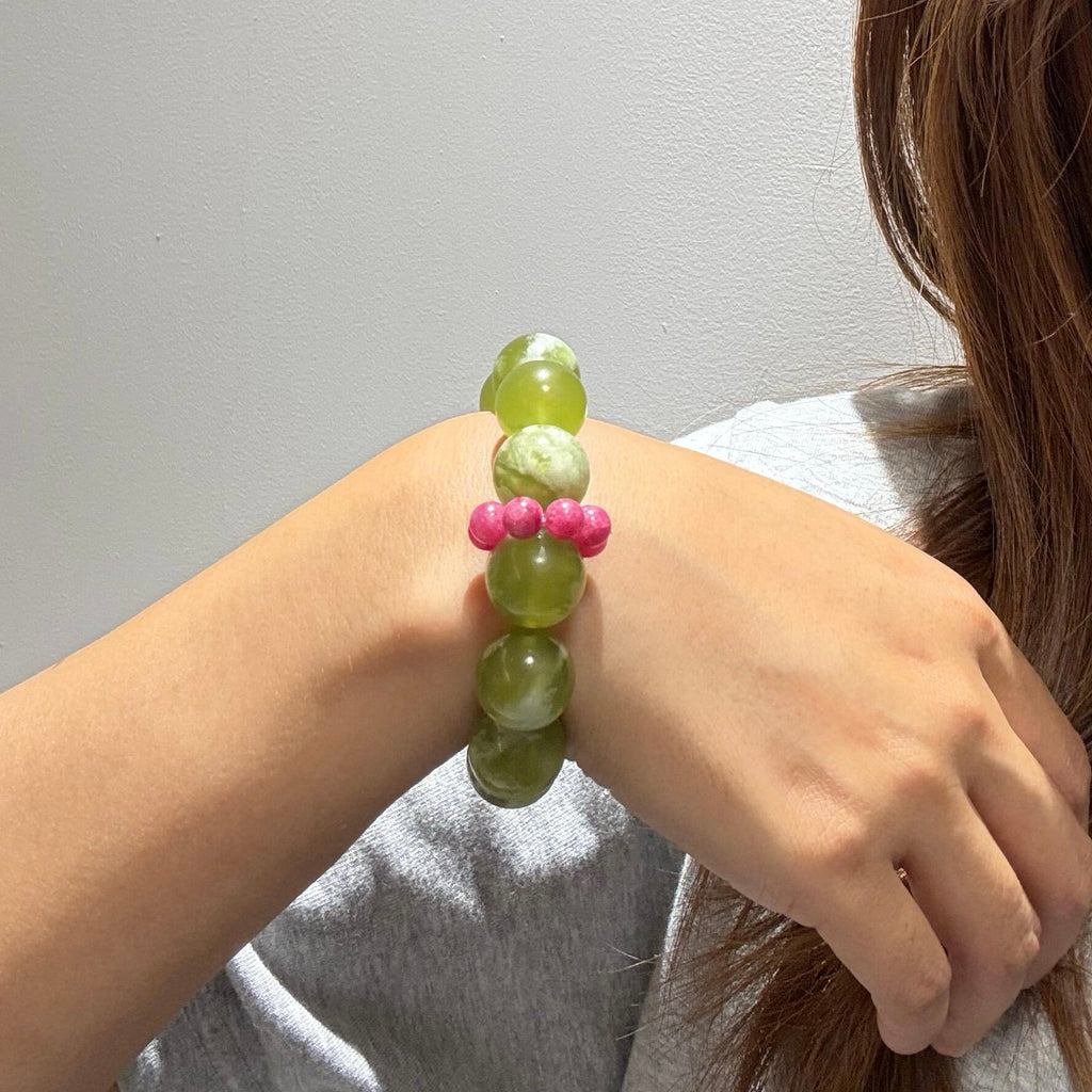 Natural Serpentine Grape Milk Cap Crystal Bracelet for Women, Single Strand Wenwan Jewelry with Rhodonite Running Ring
