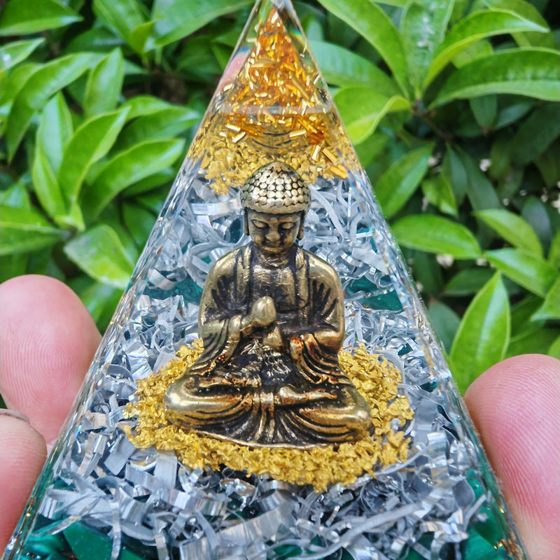 Handmade Buddha Statue Resin Pyramid, Natural Crystal Chips Epoxy Ornament, Home Desktop Spiritual Decor Gift