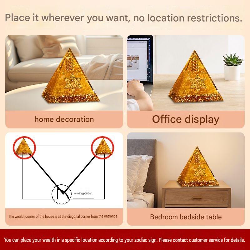 Yellow Crystal Wealth Pyramid Ornament, Energy Healing Feng Shui Decor for Home Office Shop, Attract Abundant Fortune Display