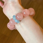 Natural Mozambique Rose Quartz Large Bead Bracelet for Women, Original Design Chinese Style Grapefruit Pink & Aquamarine Beaded Bracelet