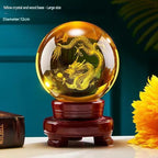 Yellow Crystal Ball with Carved Dragon, Glass Liuli Fortune Sphere, Decorative Ornament for Living Room, Lucky Gift for Housewarming & Good Luck