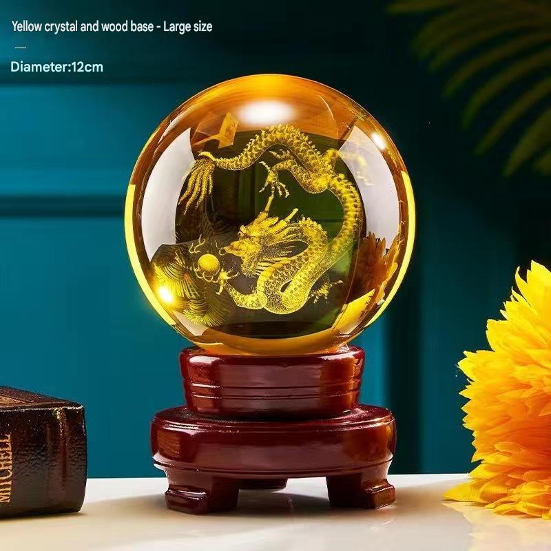 Yellow Crystal Ball with Carved Dragon, Glass Liuli Fortune Sphere, Decorative Ornament for Living Room, Lucky Gift for Housewarming & Good Luck