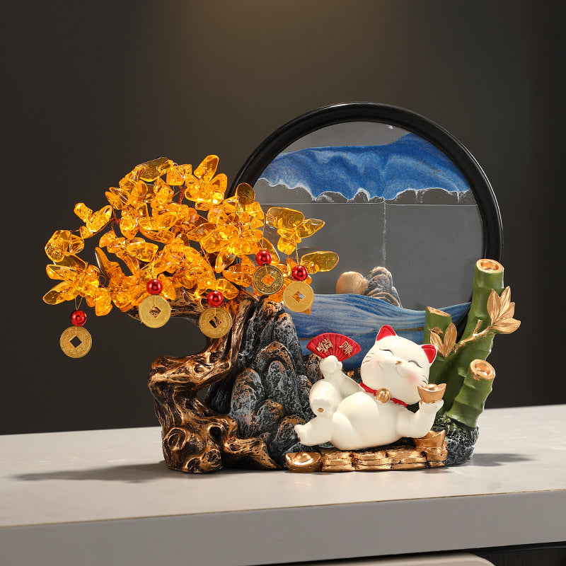 Crystal Money Tree with Quicksand Painting Lucky Cat Figurine, Feng Shui Wealth Ornament for Living Room, Hallway, Front Desk, Office & Shop, Ideal Housewarming & Grand Opening Gift