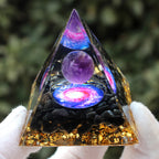 Resin Ornament with Amethyst Sphere & Crystal Chips Pyramid, Handmade Craft for Home Office Desktop Decor