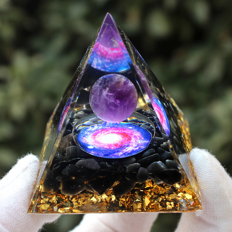 Resin Ornament with Amethyst Sphere & Crystal Chips Pyramid, Handmade Craft for Home Office Desktop Decor