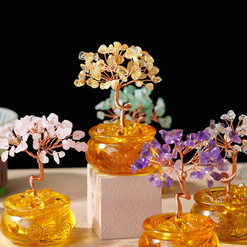 Natural Citrine Money Tree Glass Ingot Treasure Bowl Crystal Tree Desktop Ornament