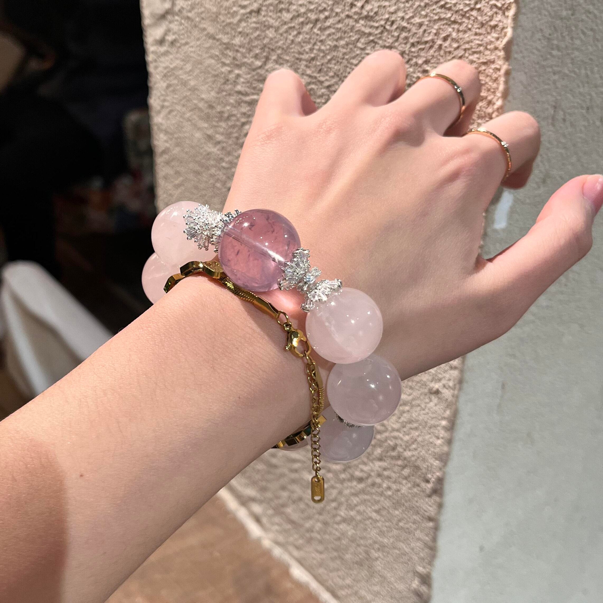 Natural Old Mine Rose Quartz & Amethyst Bracelet for Women, Original Design Large Bead Whitening Crystal Jewelry