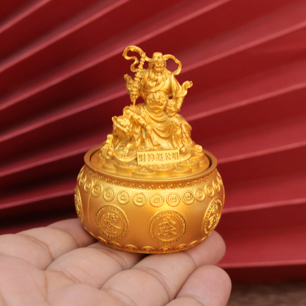 God of Wealth Zhao Gongming Rotating Treasure Basin Ornament, Wealth Attracting Decor for Living Room, Wine Cabinet, Office & Shop