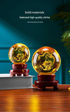 Yellow Crystal Ball with Carved Dragon, Glass Liuli Fortune Sphere, Decorative Ornament for Living Room, Lucky Gift for Housewarming & Good Luck