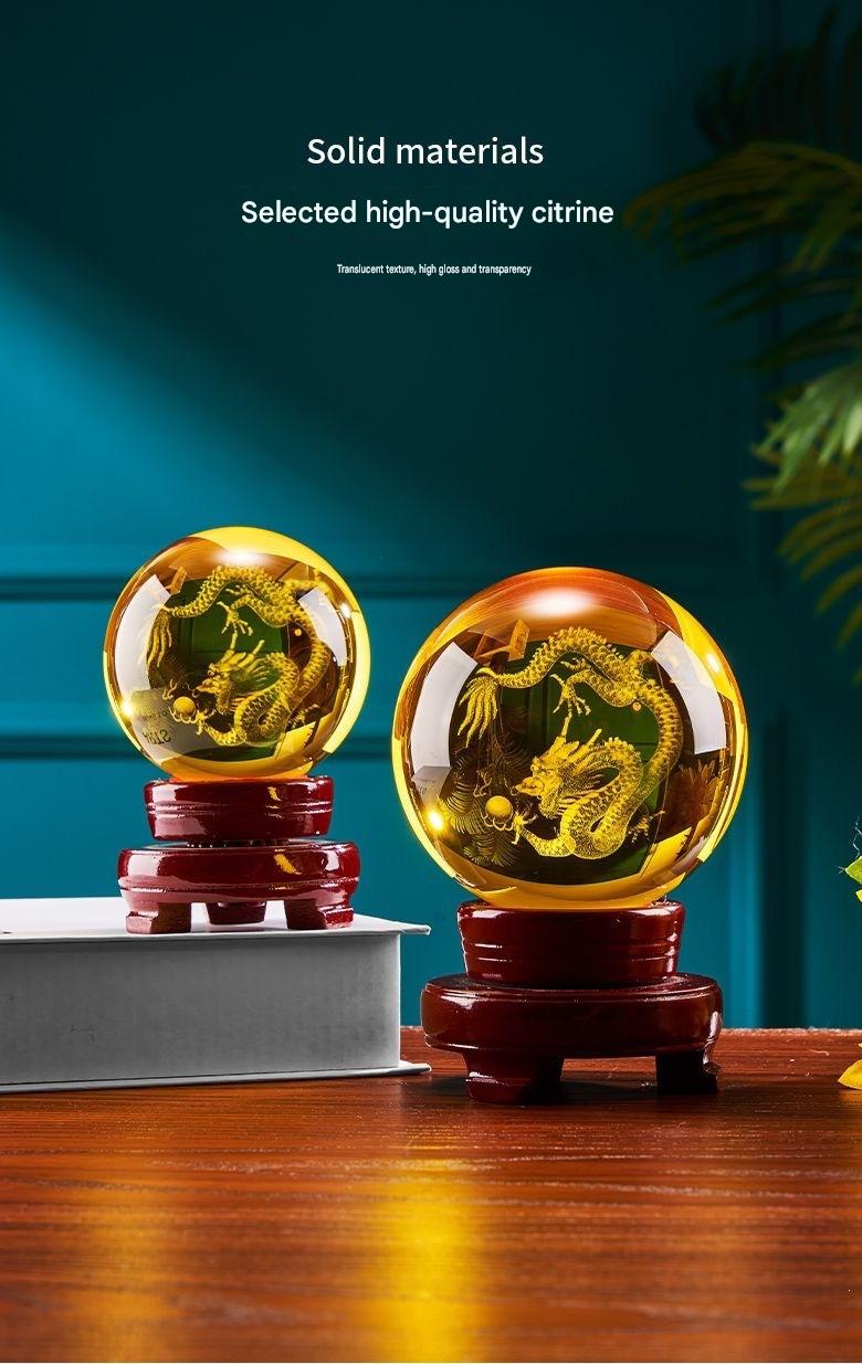 Yellow Crystal Ball with Carved Dragon, Glass Liuli Fortune Sphere, Decorative Ornament for Living Room, Lucky Gift for Housewarming & Good Luck