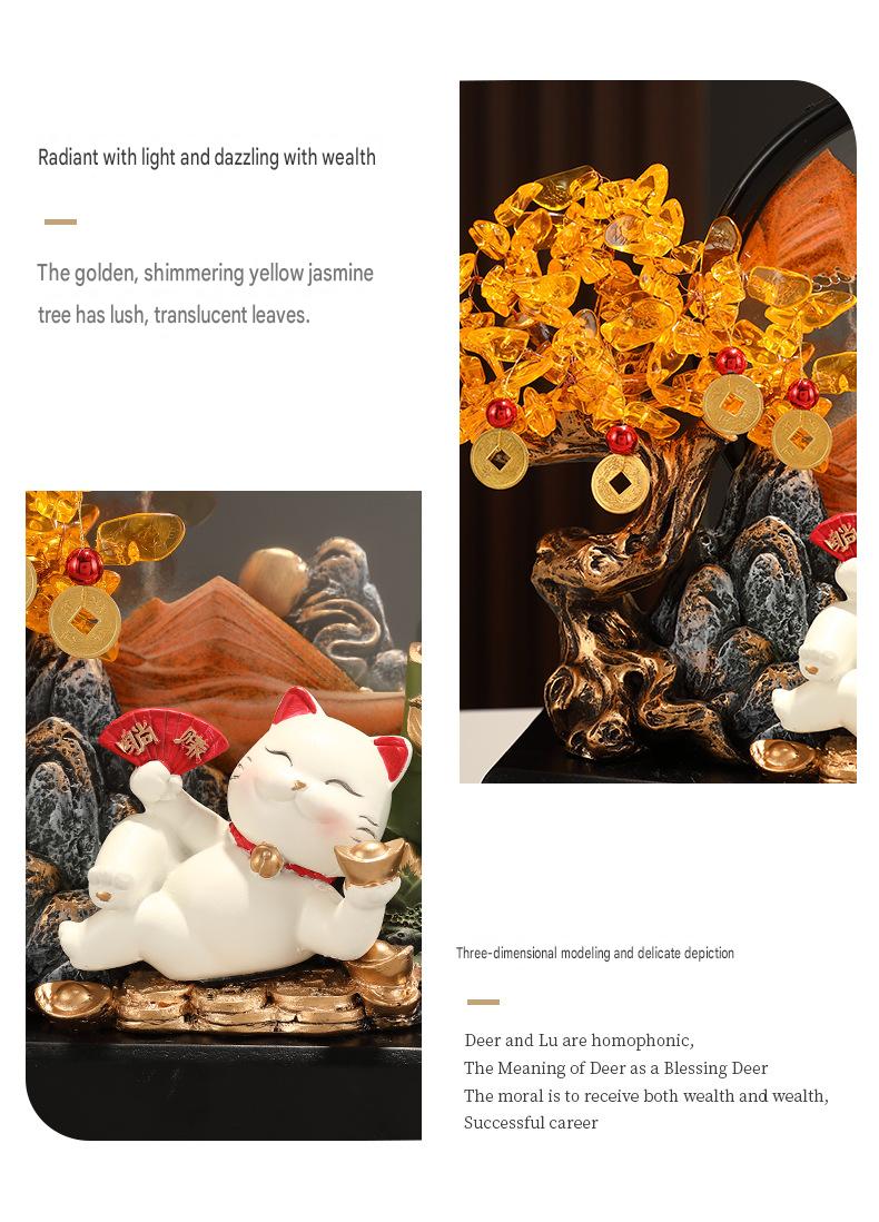 Crystal Money Tree with Quicksand Painting Lucky Cat Figurine, Feng Shui Wealth Ornament for Living Room, Hallway, Front Desk, Office & Shop, Ideal Housewarming & Grand Opening Gift
