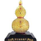 Gold Plated Filigree Gourd Ornament with Base, Blessing & Longevity Chinese Craft Statue, Premium Decor & Gift