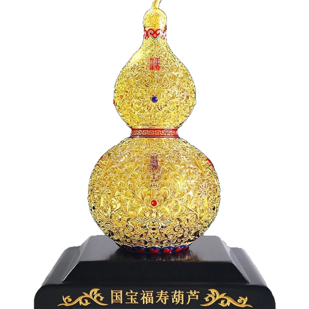 Gold Plated Filigree Gourd Ornament with Base, Blessing & Longevity Chinese Craft Statue, Premium Decor & Gift