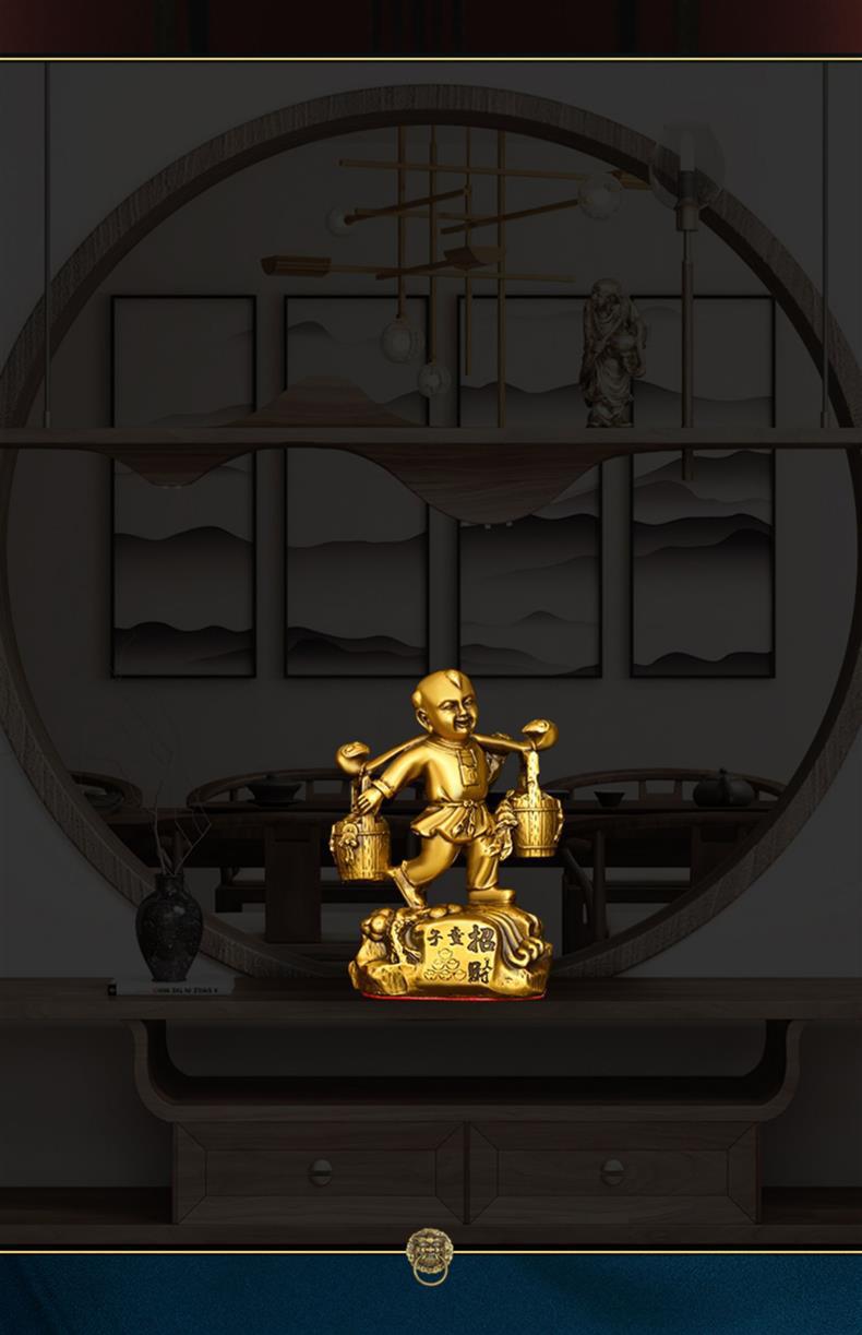 Pure Copper Wealth Bringing Boy Statue, Feng Shui Lucky God of Fortune Figurine, Craft Ornament for Home, Office Desktop & Shop Decor