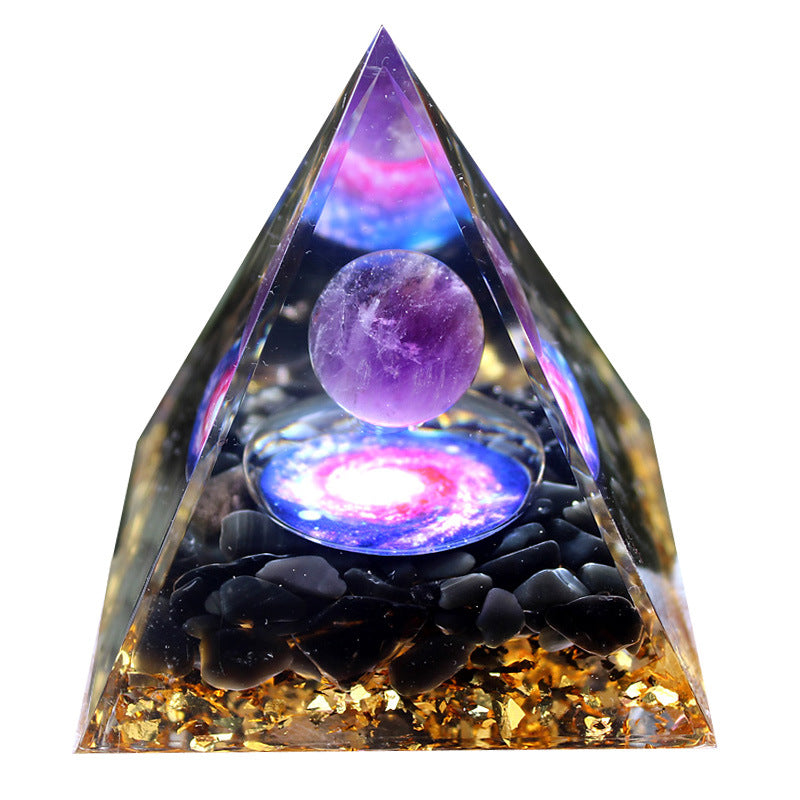 Resin Ornament with Amethyst Sphere & Crystal Chips Pyramid, Handmade Craft for Home Office Desktop Decor