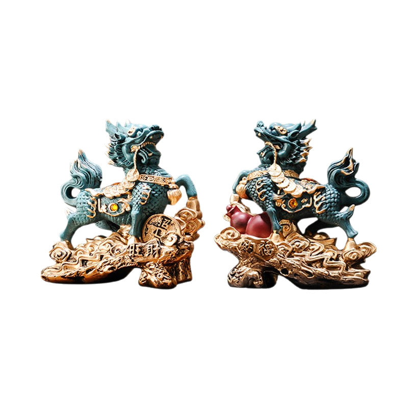 A Pair of Fire Qilin Ornaments, Resin Auspicious Beast Statue, Home Office Entrance Wine Cabinet Decor, Housewarming Business Opening Gift