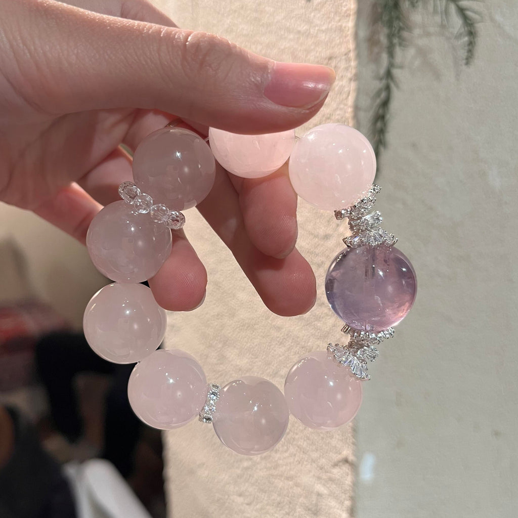 Natural Old Mine Rose Quartz & Amethyst Bracelet for Women, Original Design Large Bead Whitening Crystal Jewelry