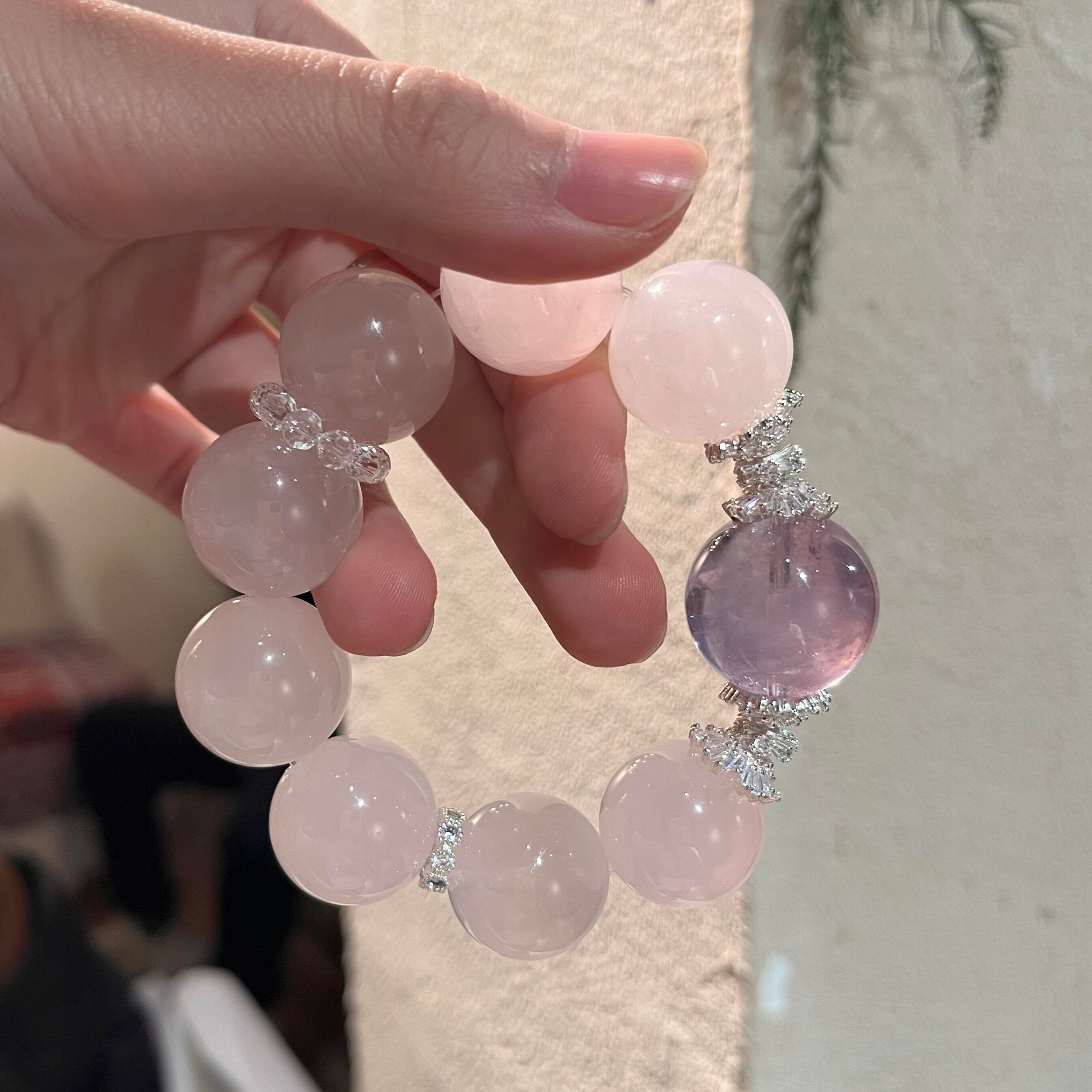 Natural Old Mine Rose Quartz & Amethyst Bracelet for Women, Original Design Large Bead Whitening Crystal Jewelry