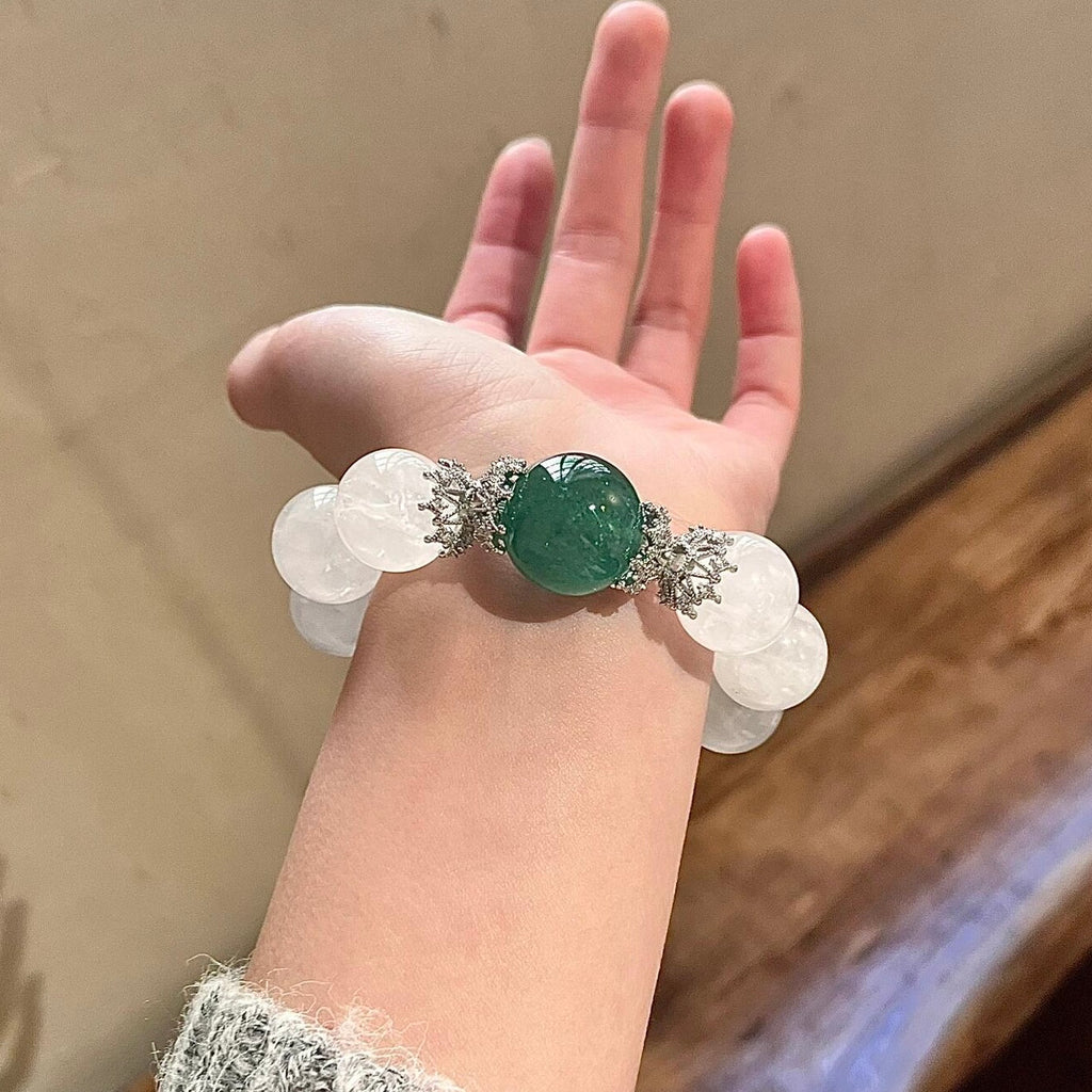 Natural Large Bead White Phantom Quartz Single Strand Bracelet for Women, Bold Chinese Style Green Strawberry Quartz Original Design