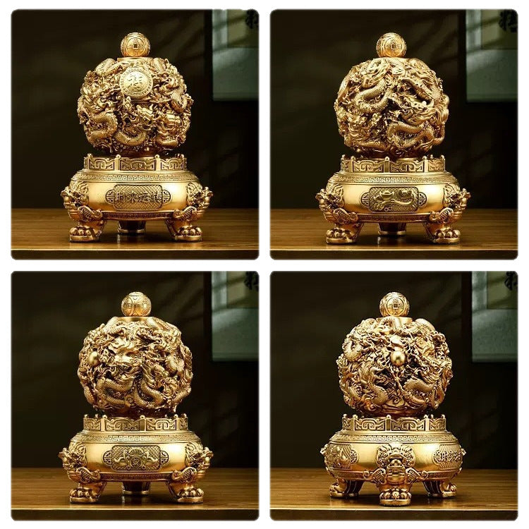 Nine Turns Qiankun Ding Brass Ornament, Dragon Mascot Statue for Living Room & Office, Prosperity Decor for Store Opening Housewarming Gift