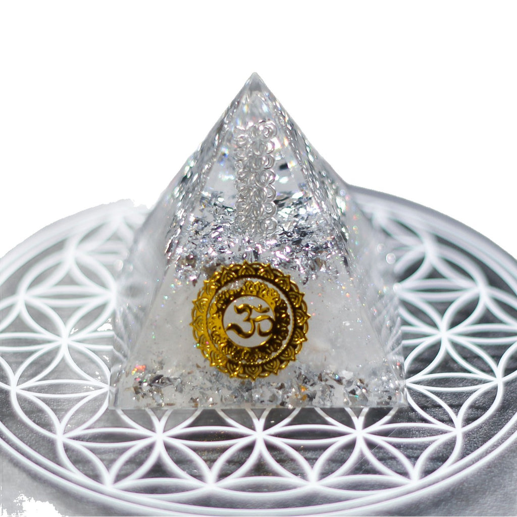 Handmade Resin Pyramid with Clear Quartz Sphere & Crystal Chips, Tabletop Home Decor Ornament