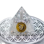 Handmade Resin Pyramid with Clear Quartz Sphere & Crystal Chips, Tabletop Home Decor Ornament