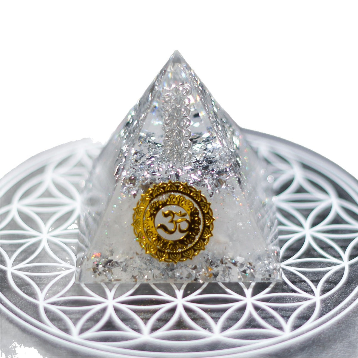 Handmade Resin Pyramid with Clear Quartz Sphere & Crystal Chips, Tabletop Home Decor Ornament