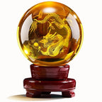 Yellow Crystal Ball with Carved Dragon, Glass Liuli Fortune Sphere, Decorative Ornament for Living Room, Lucky Gift for Housewarming & Good Luck