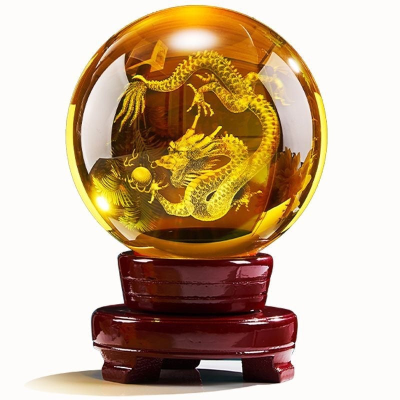 Yellow Crystal Ball with Carved Dragon, Glass Liuli Fortune Sphere, Decorative Ornament for Living Room, Lucky Gift for Housewarming & Good Luck