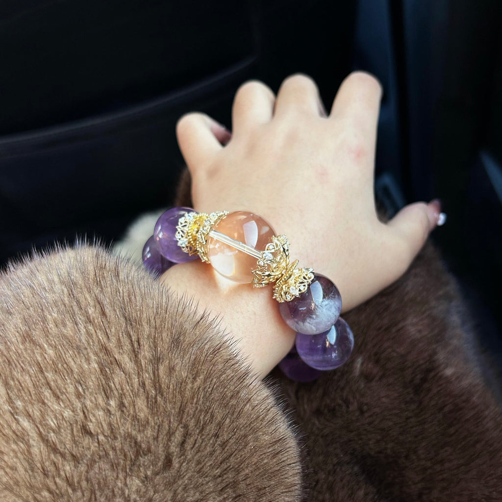 Natural Extra Large Dominant Purple Rabbit Hair Crystal Bracelet for Women, Original Design Nine Purple Li Fire Raw Stone Fortune-Turning Bracelet