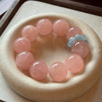 Natural Mozambique Rose Quartz Large Bead Bracelet for Women, Original Design Chinese Style Grapefruit Pink & Aquamarine Beaded Bracelet