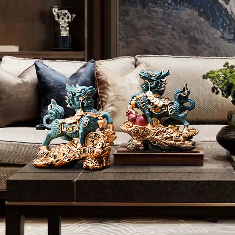 A Pair of Fire Qilin Ornaments, Resin Auspicious Beast Statue, Home Office Entrance Wine Cabinet Decor, Housewarming Business Opening Gift