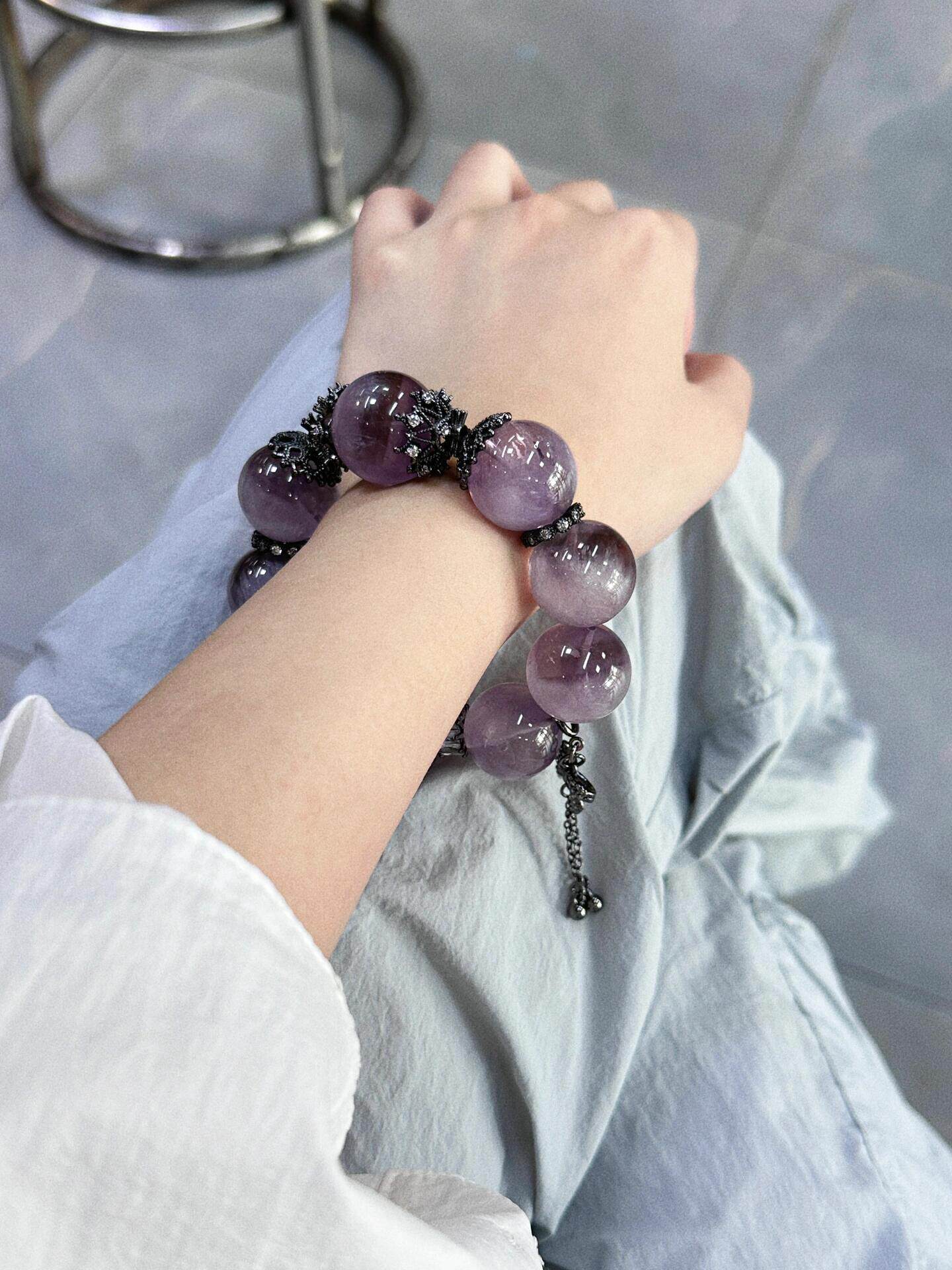 Natural Large Bead Purple Rabbit Hair Crystal Bracelet for Women Bracelet Gift