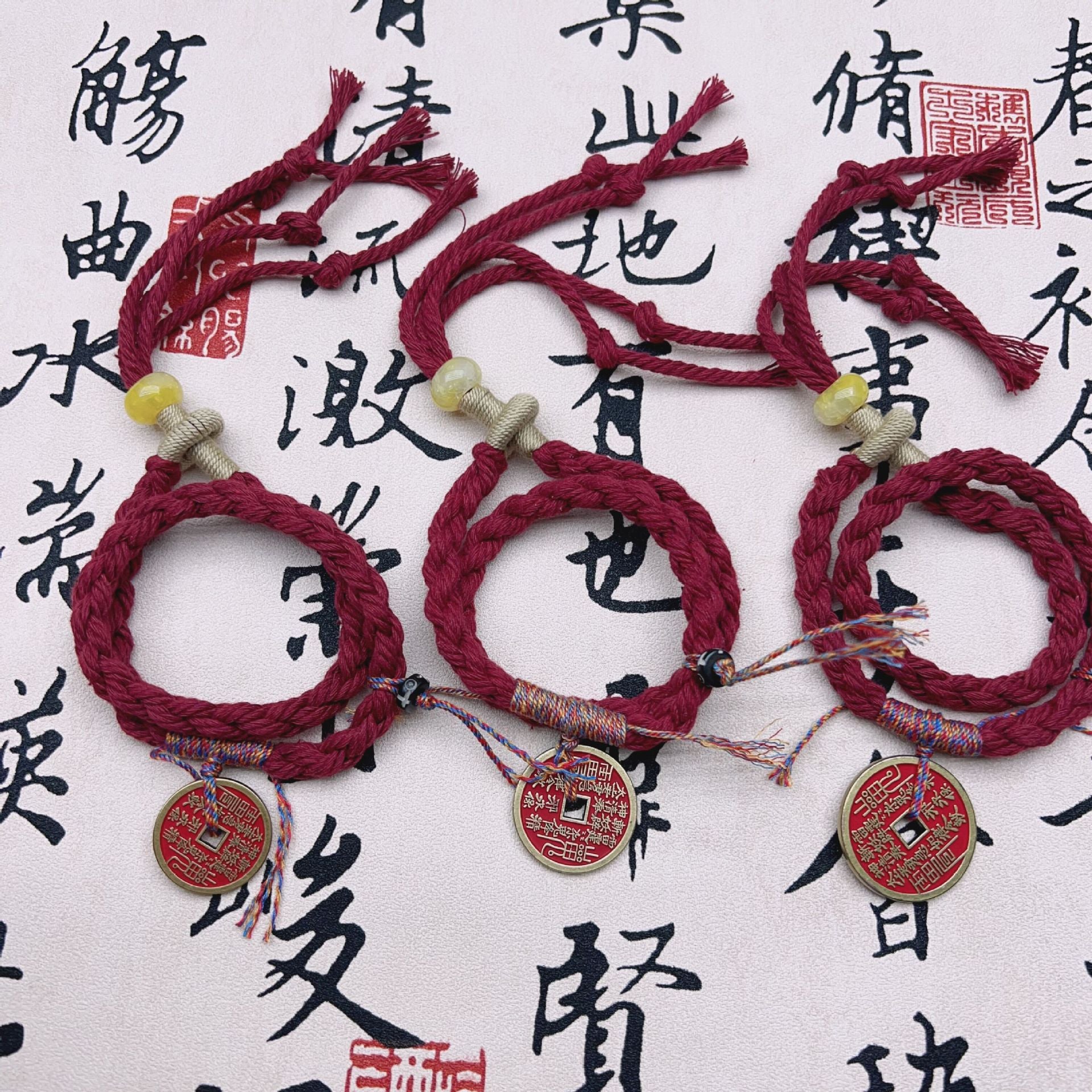 New Chinese Style Cinnabar Mountain Ghost Coin Double Wrap Bracelet Semi-Finished Handmade Rope