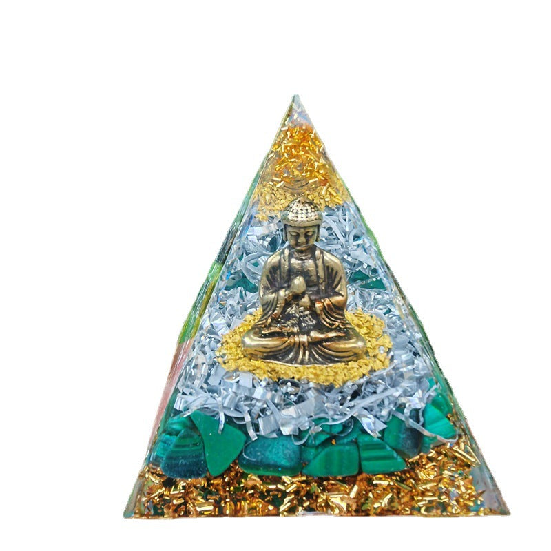Handmade Buddha Statue Resin Pyramid, Natural Crystal Chips Epoxy Ornament, Home Desktop Spiritual Decor Gift