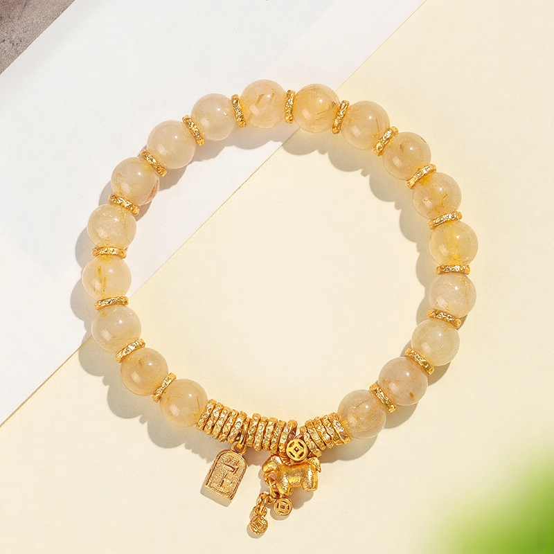 Natural Golden Rutilated Quartz Bracelet for Women, Luxury Horse Charm Stretch Bracelet