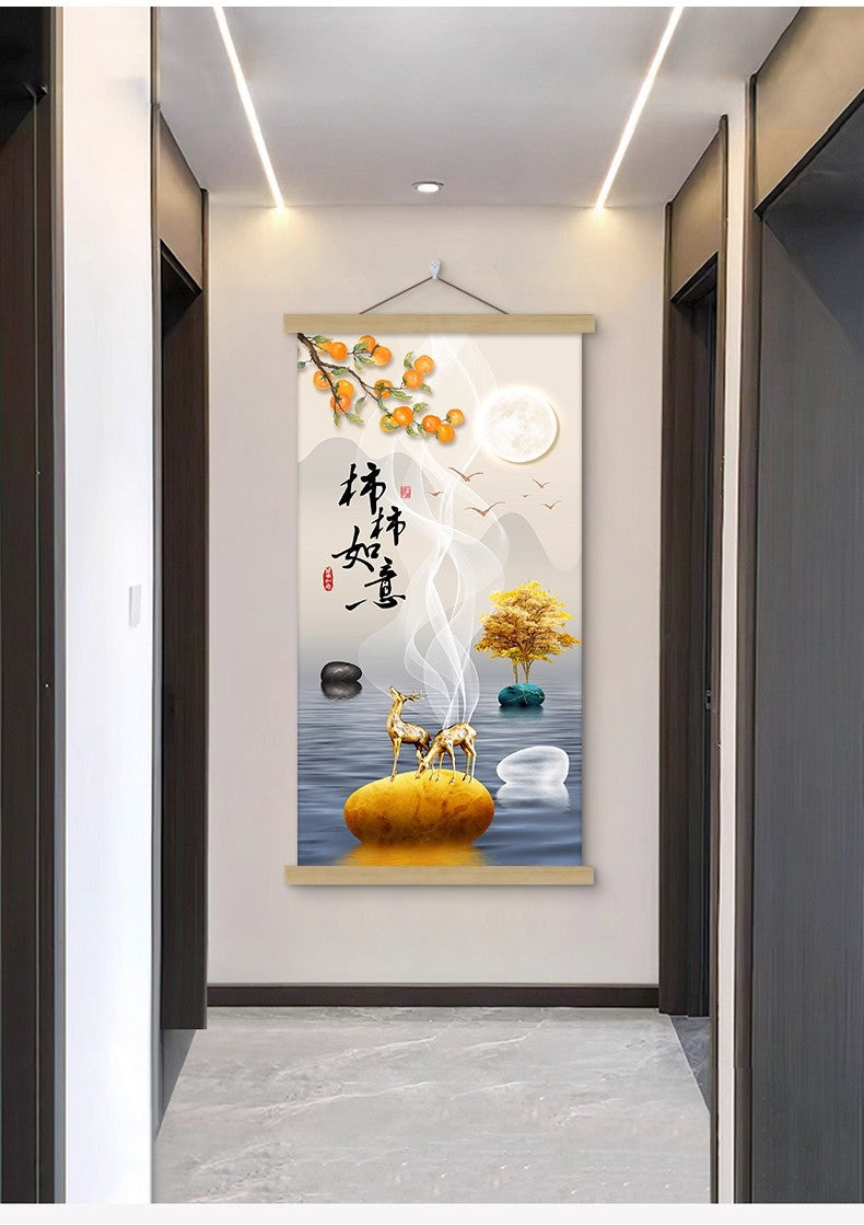 New Chinese Style Scroll Wall Hanging, Auspicious Entryway Tapestry Decor, Warm Home Corridor Wall Art for Front Door