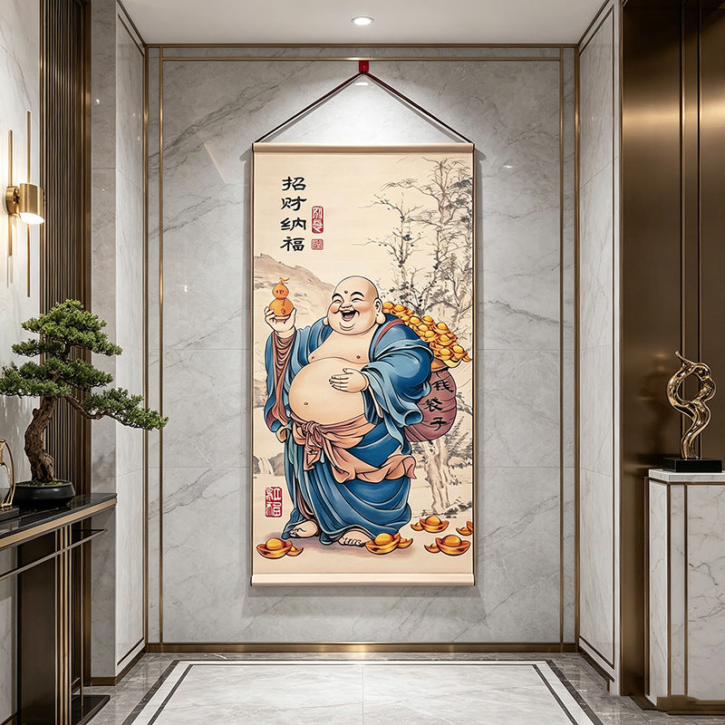 Chinese Style Maitreya Buddha Painting, New Chinese Wall Art, Blessing Wall Hanging for Entryway, Tea Room & Dining Room Decor